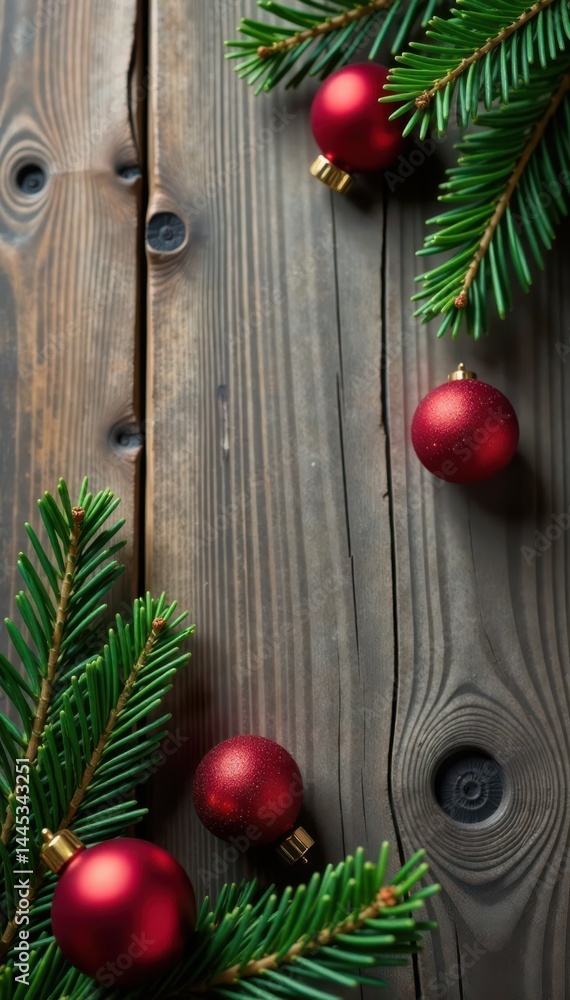Rustic fir branch, ornaments, wood background, natural, seasonal