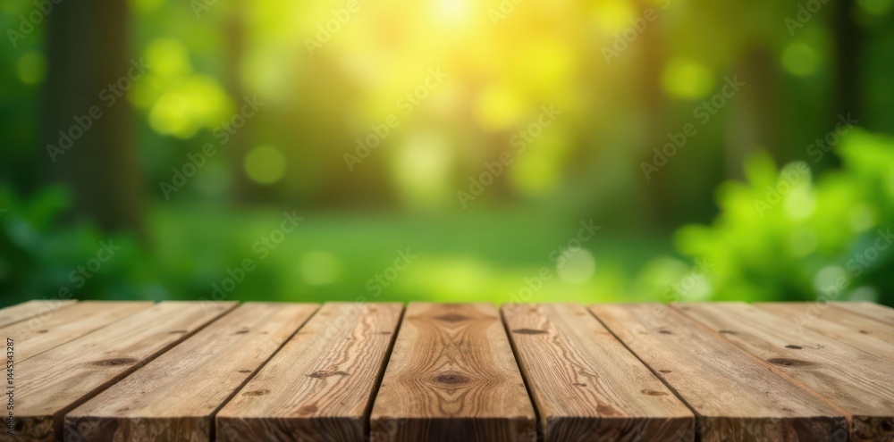Rustic wooden table against blurred natural scene Ideal product photography mockup , landscape, tabletop