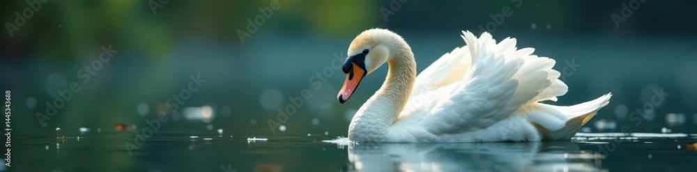 Single swan down feather, airy white fluff gently falling , background, white feather