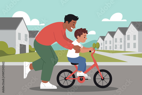 Father helping son learn to ride bicycle in suburban area