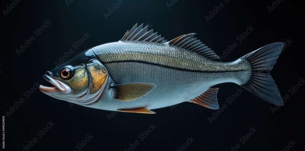 Sleek sea bass, glistening scales, dark backdrop, shadow, still life