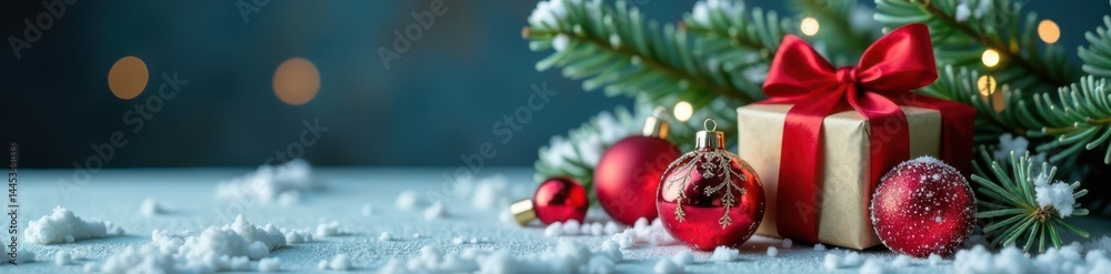 Sparkling baubles nestled in snowy fir branches beside a wrapped gift , Christmas, design, conifer