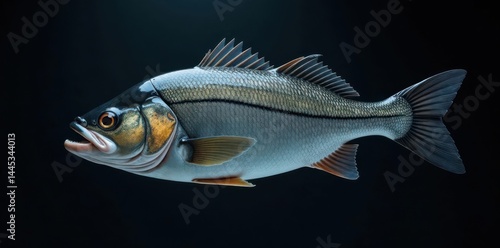 Obraz na płótnie Sleek sea bass, glistening scales, dark backdrop, shadow, still life w salonie