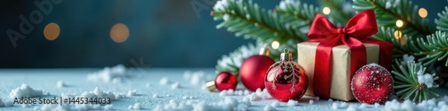 Obraz na płótnie Sparkling baubles nestled in snowy fir branches beside a wrapped gift , Christmas, design, conifer w salonie