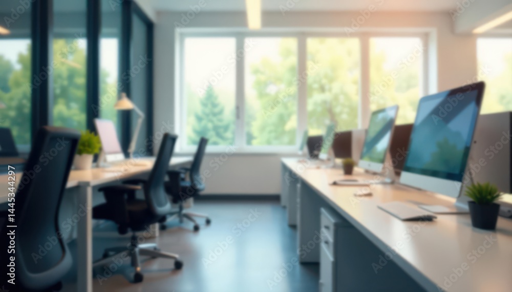 Soft focus office setting, blurred desks, chairs, workplace, desks
