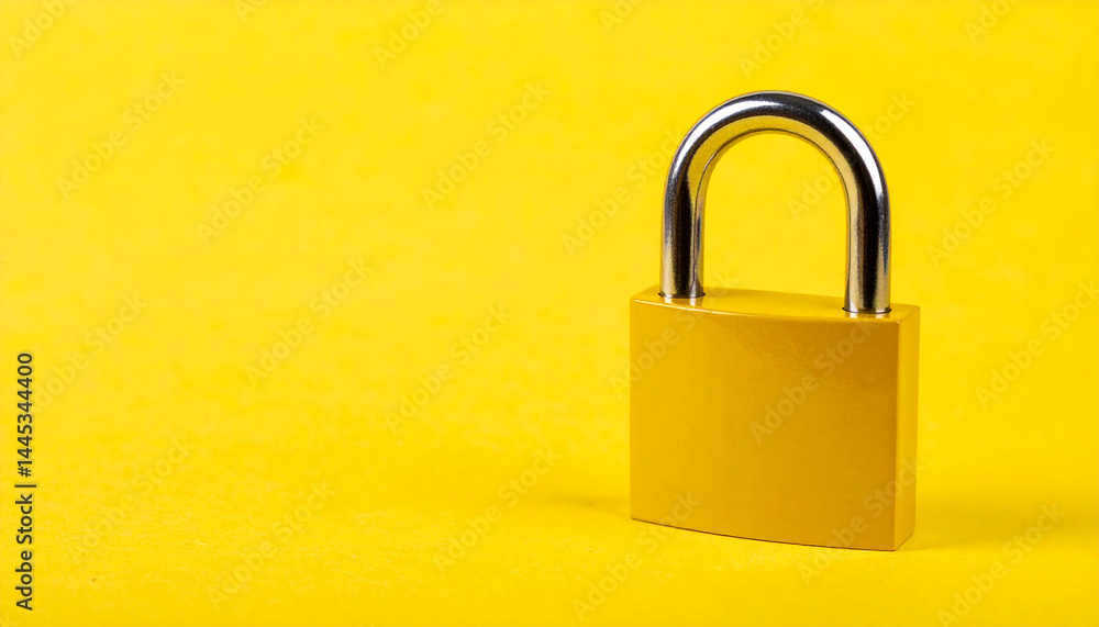 Fototapeta premium Yellow metal padlock on yellow backdrop. Close-up