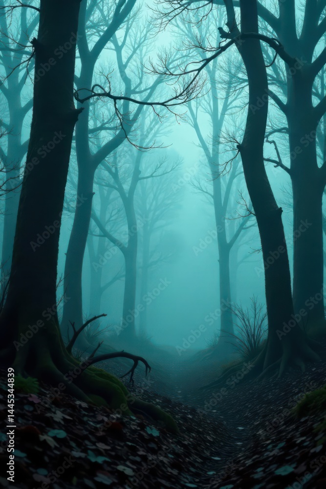 Twisted branches claw through thick fog Cold, damp horror forest scene , cold, spooky, fantasy