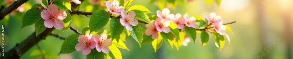 Vibrant spring tree blossoms, lush green leaves , foliage, springtime