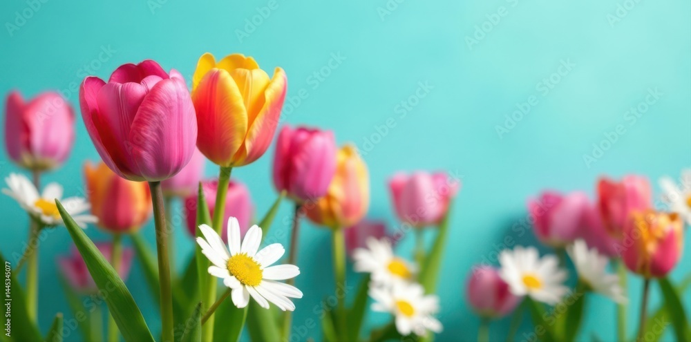 Vibrant tulips, daisies bloom turquoise Hello Spring!, daisies, tulips, floral