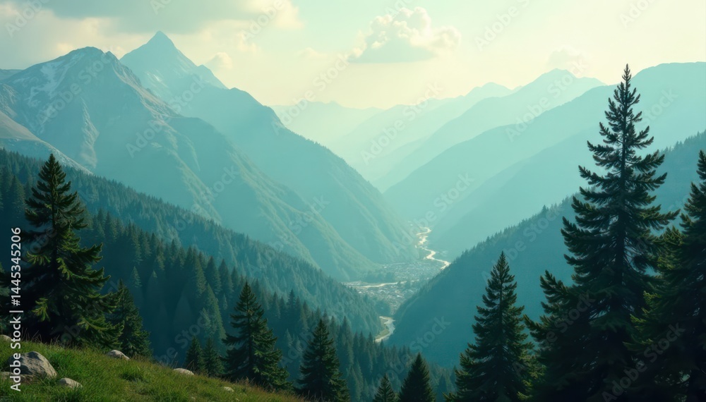 Vintage-styled misty mountain fir forest, soft focus, magical, misty, soft