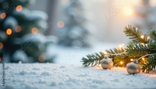 White tabletop, warm bokeh Christmas lights, snowy backdrop Product display mock-up , abstract, tabletop, sale