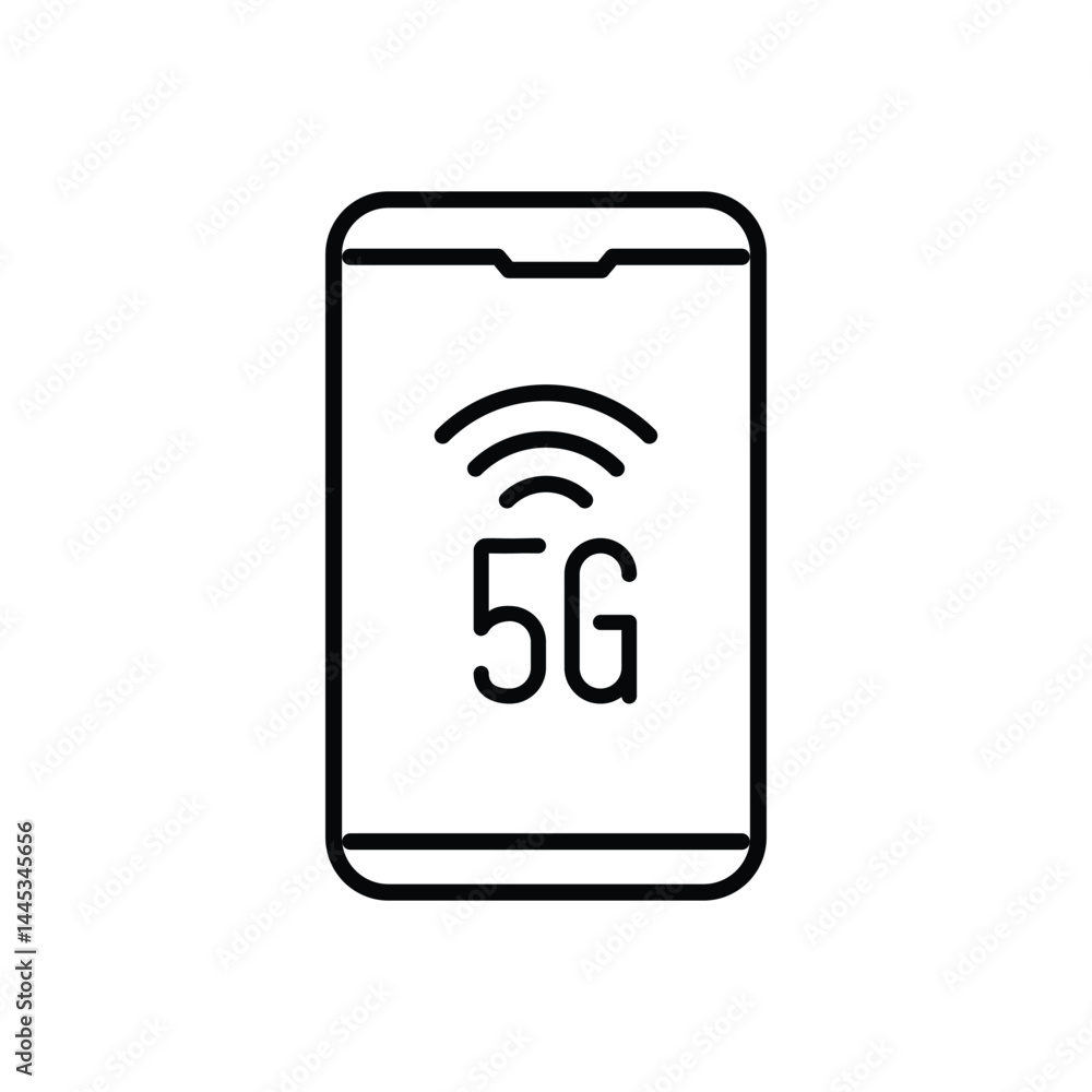 5G smartphone connectivity icon. A minimalist black-and-white icon depicting a smartphone with 5G wireless signal waves, representing high-speed mobile network connectivity. Vector illustration. 5G smartphone connectivity icon. A minimalist black-and-white icon depicting a smartphone with 5G wireless signal waves, representing high-speed mobile network connectivity. Vector illustration.