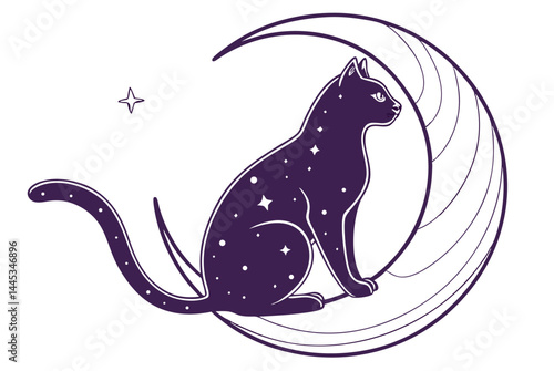 Celestial Black Cat Illustration Sitting on Crescent Moon – Mystical Night Art
