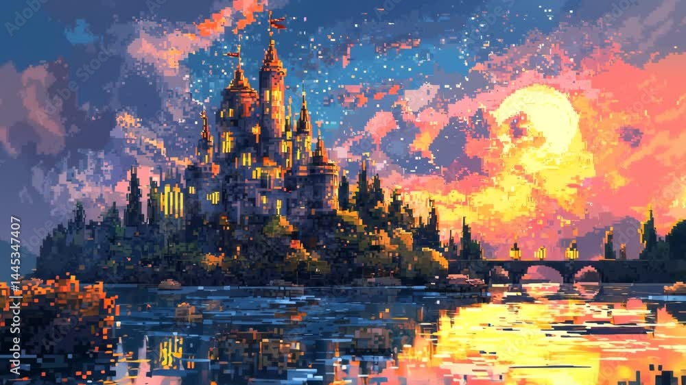 Colorful landscape with fairy tale castle on lake in pixel art style ...