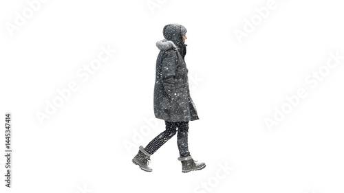 Winter Scene with Person in Coat Walking Through Snow Transparent Background
