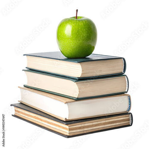 Green Apple on Books Education Knowledge and Learning isolated on transparent background