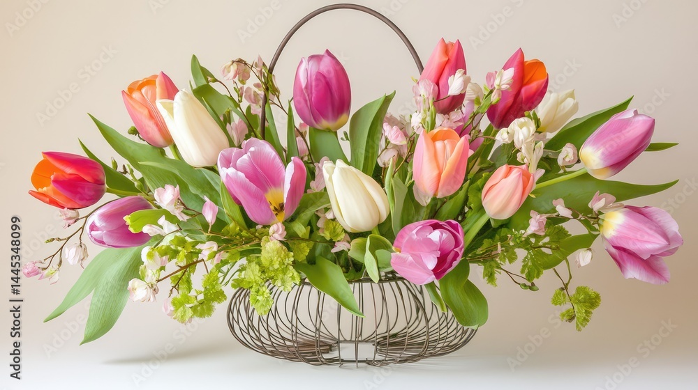Soft spring palette of tulips and greens in a minimalist wire basket Soft spring palette of tulips and greens in a minimalist wire basket