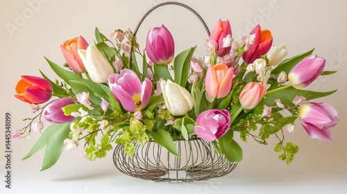 Wallpaper Mural Soft spring palette of tulips and greens in a minimalist wire basket Torontodigital.ca