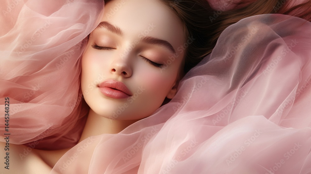 Close-up of a serene young woman with closed eyes resting on soft pink tulle fabric in a peaceful setting Close-up of a serene young woman with closed eyes resting on soft pink tulle fabric in a peaceful setting