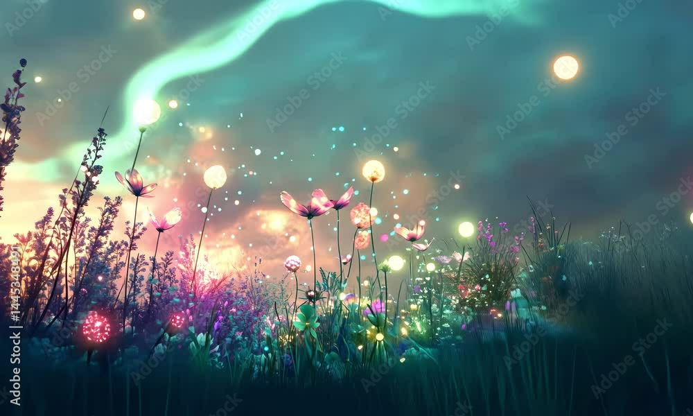 A magical meadow with glowing flowers and fireflies under a dreamy sky. Concept of fantasy, nature, and dreamscape. A magical meadow with glowing flowers and fireflies under a dreamy sky. Concept of fantasy, nature, and dreamscape.