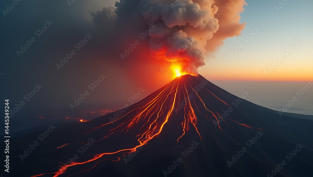 Aerial view of volcanic eruption with a massive cloud of smoke rising red hot lava spewing from the peak and the surrounding landscape being rapidly consumed in Photo Stock Concept and empty space Aerial view of volcanic eruption with a massive cloud of smoke rising red hot lava spewing from the peak and the surrounding landscape being rapidly consumed in Photo Stock Concept and empty space