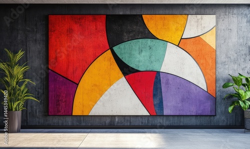 Abstract geometric wall art with concrete floor. AI generated illustration.