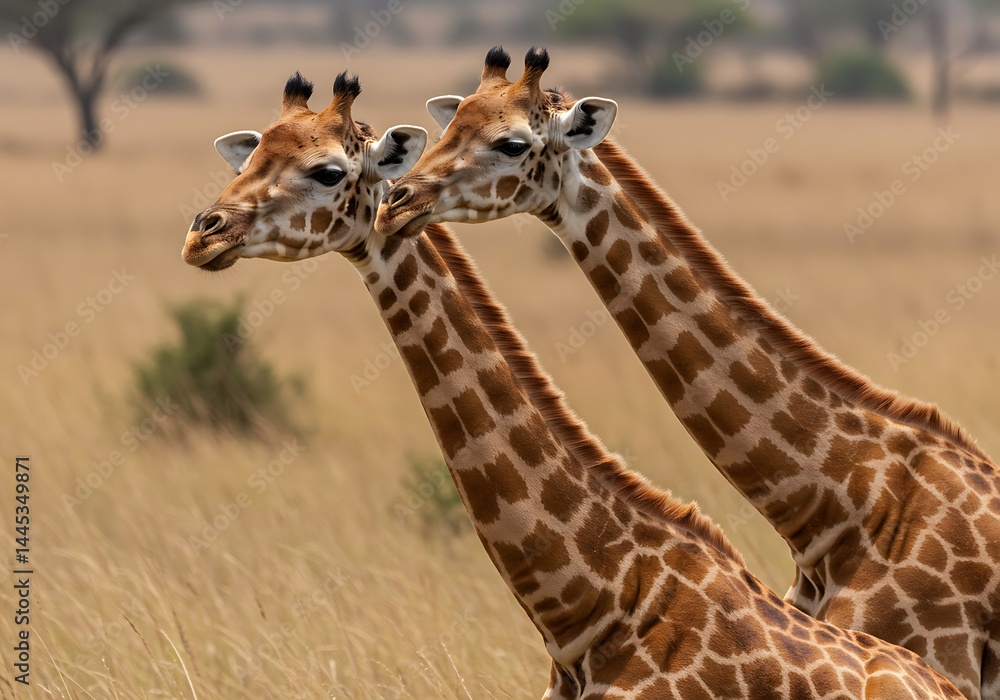 Obraz premium Two Giraffes Intertwined in a Savanna Setting. Generative Ai