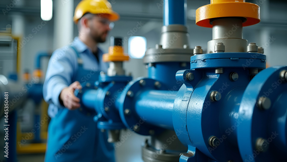Skilled technician adjusting chemical dosing pump for wastewater treatment plant ensuring efficient contaminant removal and regulatory compliance in Photo Stock Concept and empty space on the left Skilled technician adjusting chemical dosing pump for wastewater treatment plant ensuring efficient contaminant removal and regulatory compliance in Photo Stock Concept and empty space on the left