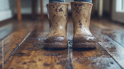 Muddy boots on wooden floor reflecting rainy day adventure