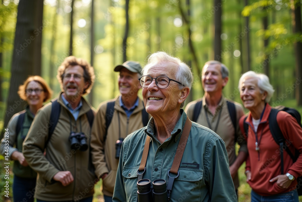 Active smiling senior women and men with binoculars in the forest. Traveling, hiking, walking, enjoying vacations and birdwatching. AI Active smiling senior women and men with binoculars in the forest. Traveling, hiking, walking, enjoying vacations and birdwatching. AI