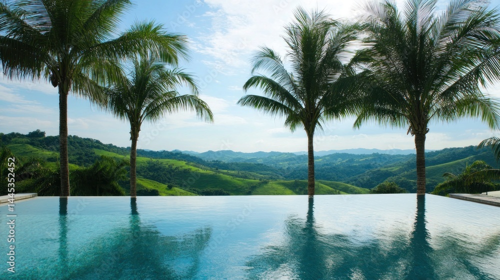 A serene infinity pool overlooks lush hills and palm trees under a clear sky. A serene infinity pool overlooks lush hills and palm trees under a clear sky.