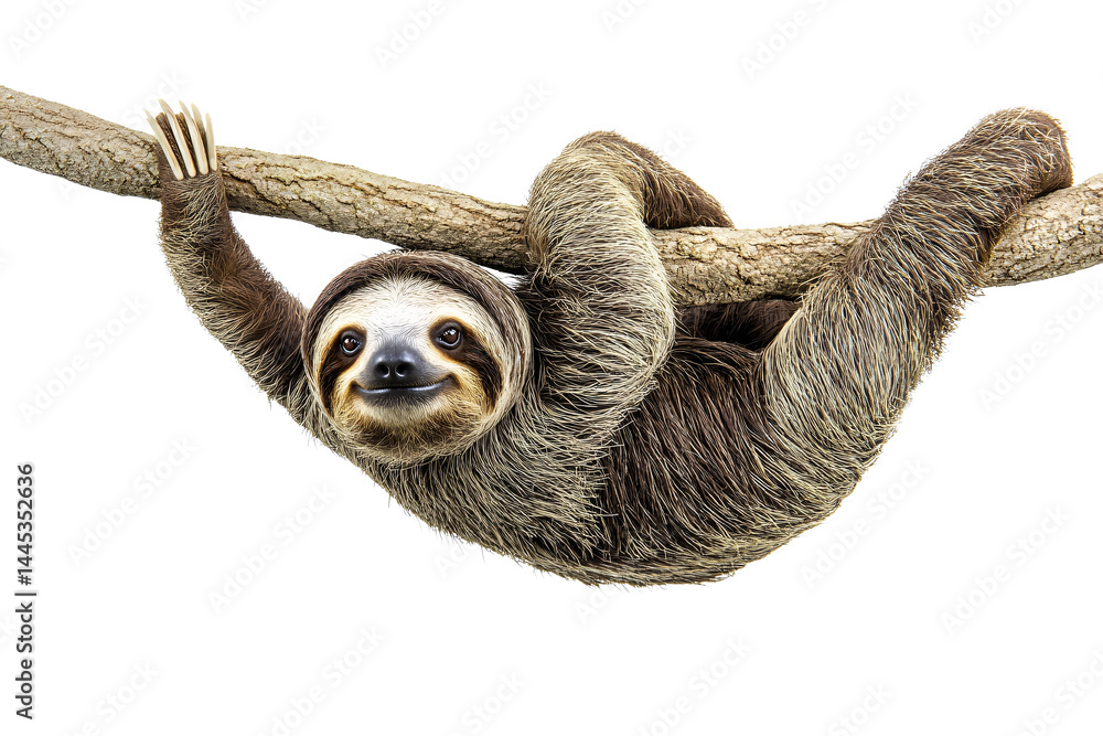 Obraz premium Brown-throated sloth hanging upside down from tree branch rainforest animal PNG isolated sloth transparent background tropical wildlife mammal claws