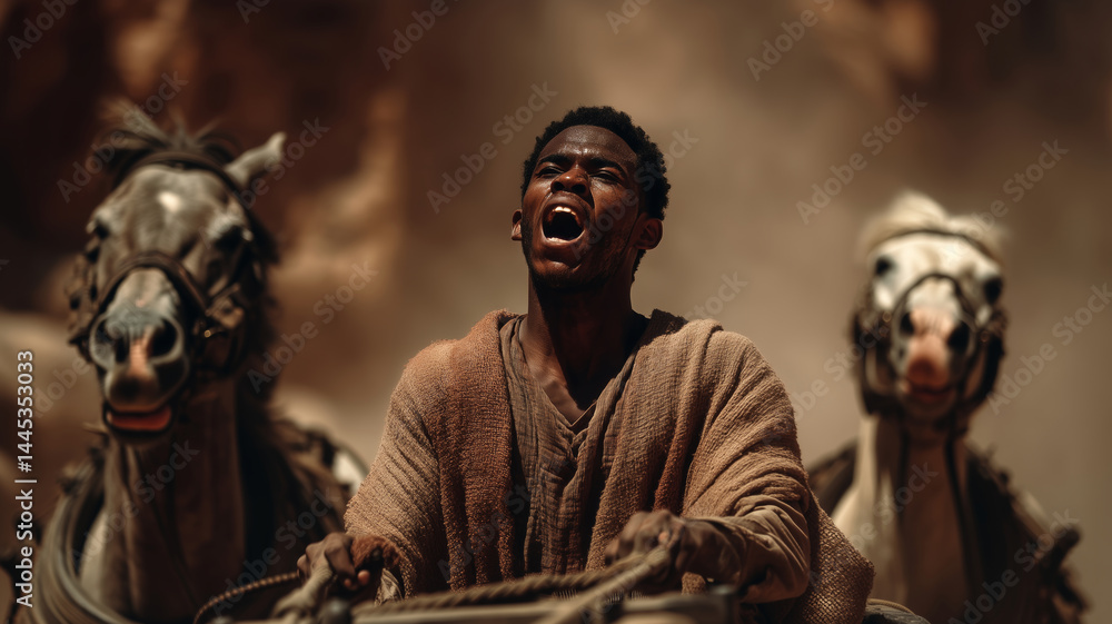 Fototapeta premium Young African man passionately driving horses through a dusty landscape