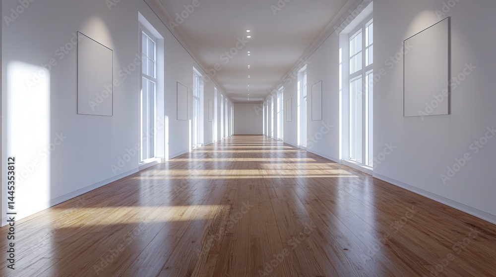 Sunlit modern hallway with hardwood floors and minimalist design Sunlit modern hallway with hardwood floors and minimalist design