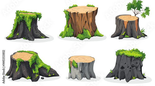 Vector tree stumps, set of old and overgrown stubs, stump stub isolated on a white background