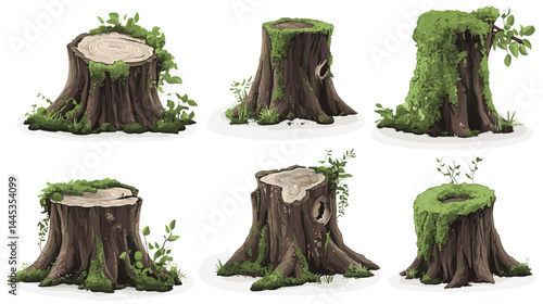 Vector tree stumps, set of old and overgrown stubs, stump stub isolated on a white background