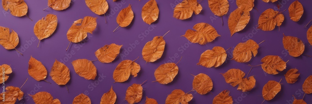 Fototapeta premium Intricate dry orange leaves, violet backdrop Geometric leaf arrangement, autumnal texture , orange leaves, illustration