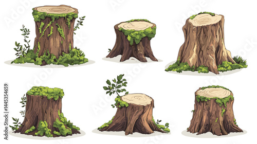 Vector tree stumps, set of old and overgrown stubs, stump stub isolated on a white background