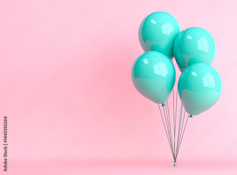 A bunch of glossy turquoise balloons floating on strings against a pastel pink background.
