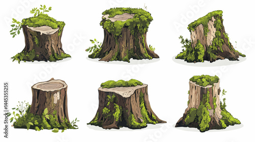 Vector tree stumps, set of old and overgrown stubs, stump stub isolated on a white background
