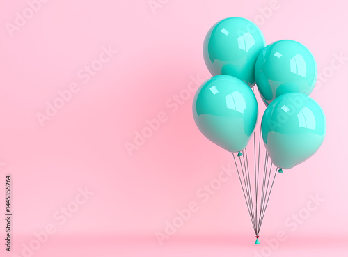 Obraz na płótnie A bunch of glossy turquoise balloons floating on strings against a pastel pink background. w salonie