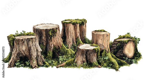 Vector tree stumps, set of old and overgrown stubs, stump stub isolated on a white background