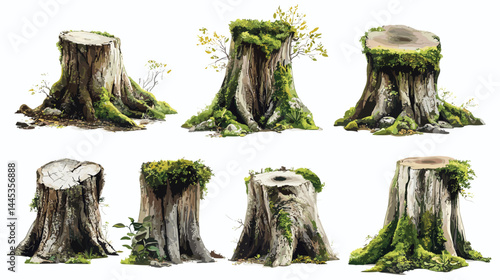Vector tree stumps, set of old and overgrown stubs, stump stub isolated on a white background