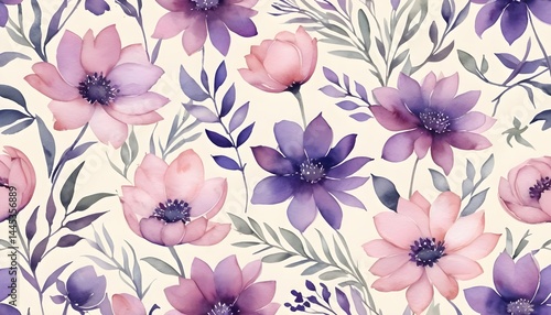 Wallpaper Mural Watercolor Floral Seamless Pattern Pink and Purple Flowers Torontodigital.ca