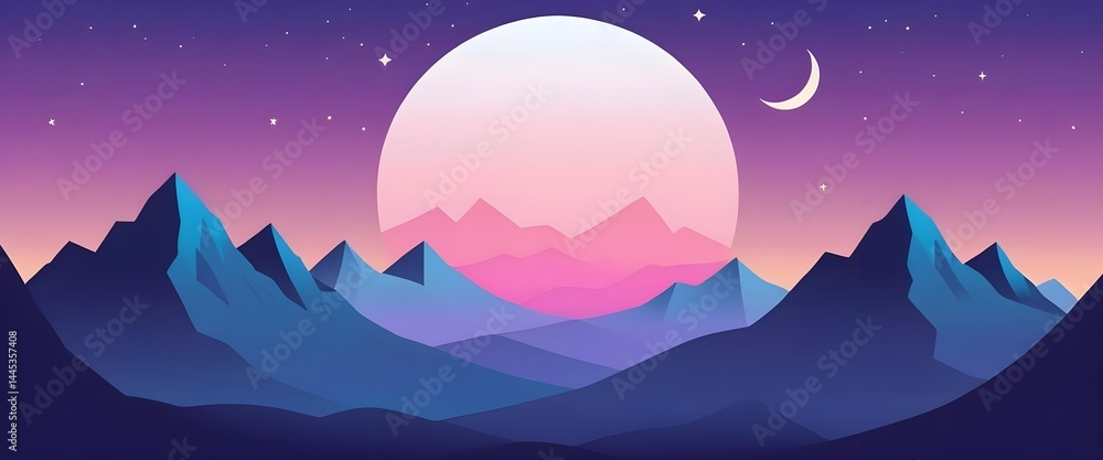 Fototapeta premium Dreamy Night Landscape with Mountains and Moon