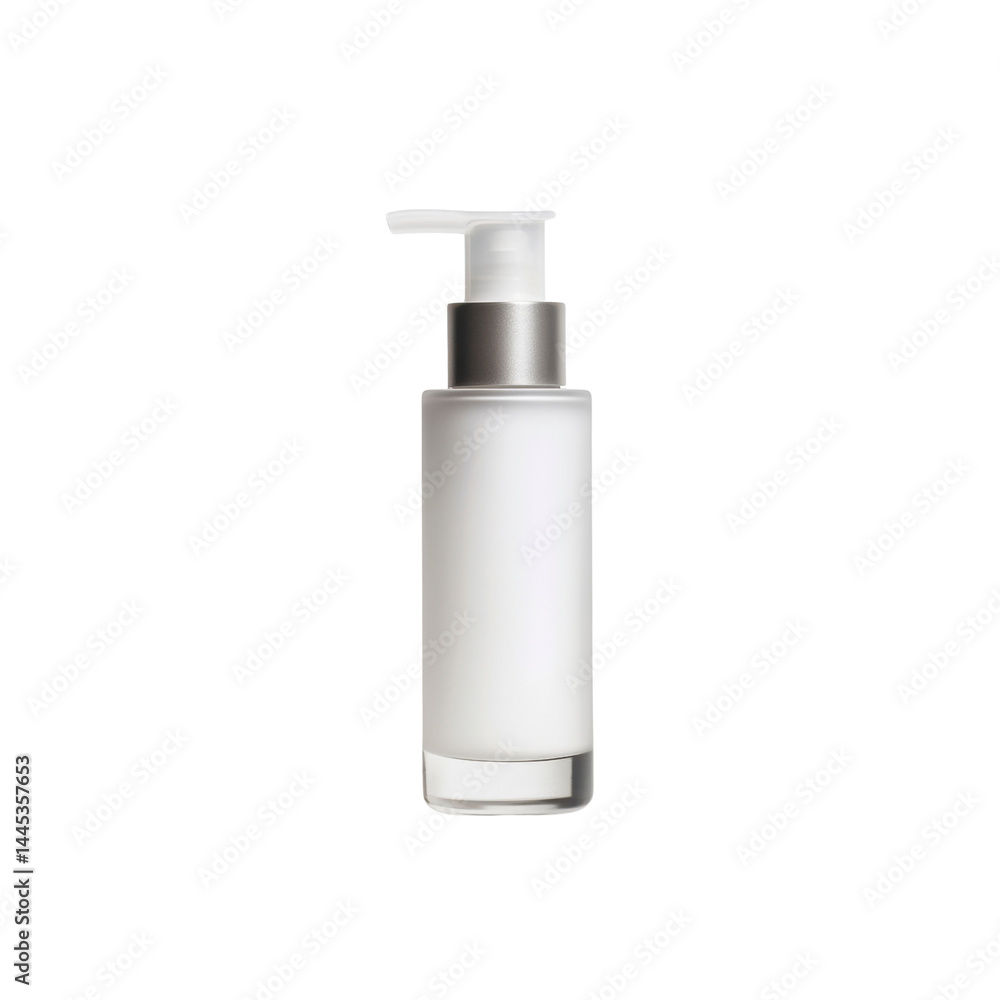 White Frosted Glass Pump Bottle with Silver Cap - Cosmetic Packaging Mockup White Frosted Glass Pump Bottle with Silver Cap - Cosmetic Packaging Mockup