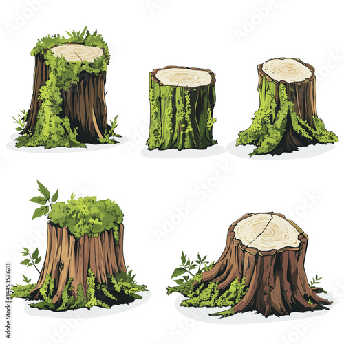 Vector tree stumps, set of old and overgrown stubs, stump stub isolated on a white background