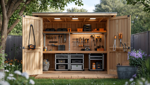 Well organized wooden garden shed with tools and storage solutions