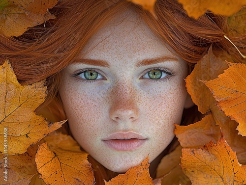 Freckled redhead's face framed by autumn leaves