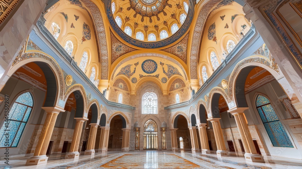 Fototapeta premium A mosque interior with a high ceiling, intricate ceiling domes, and elegant Arabic inscriptions.